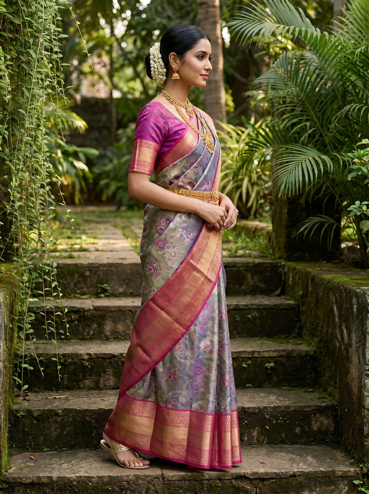 MIMOSA Violet Kanjivaram Art Silk Saree — Full View on Model
