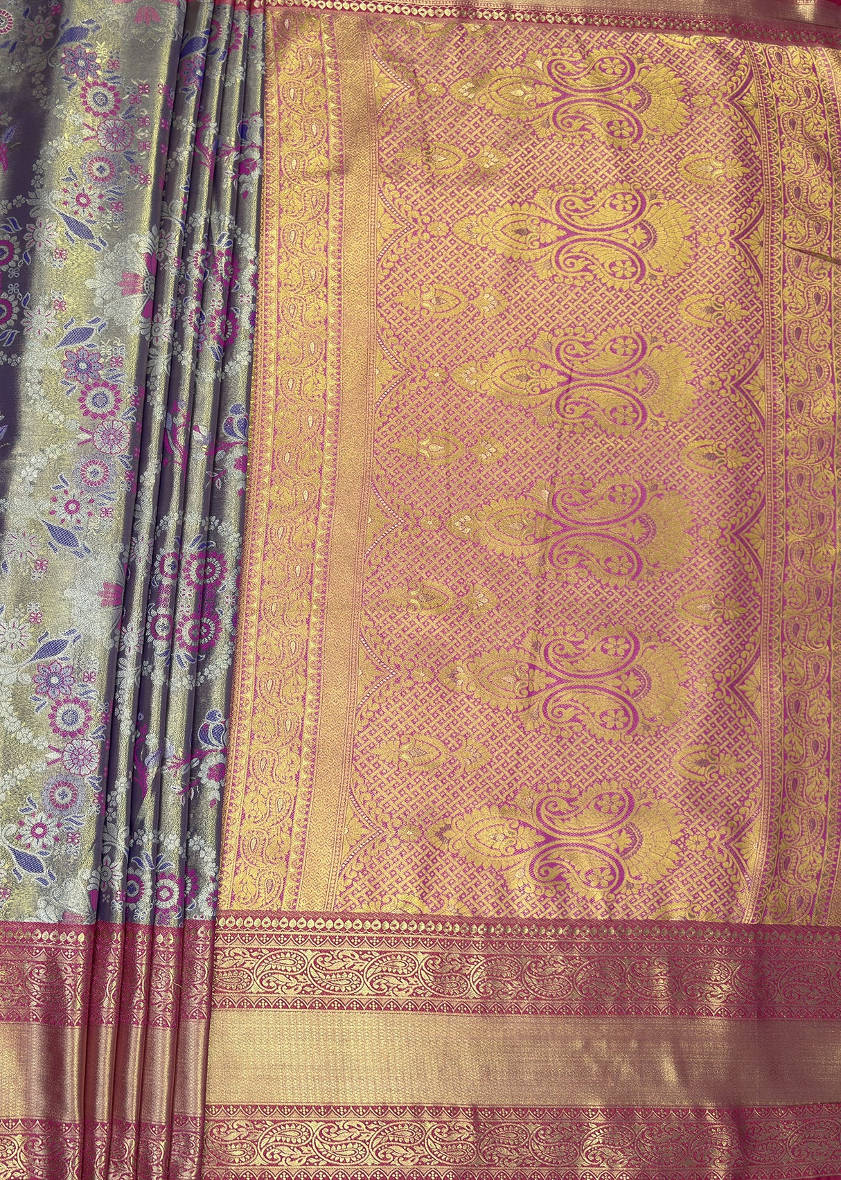 MIMOSA Violet Kanjivaram Art Silk Saree — pallu and zari work detail
