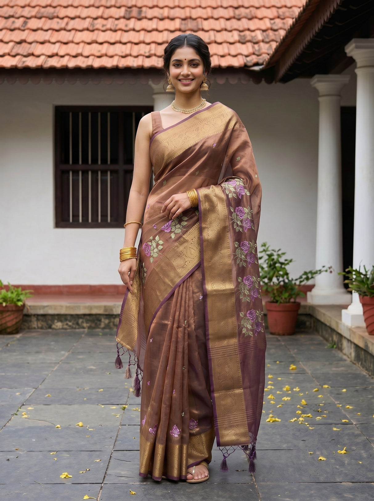 MIMOSA Chocolate Banarasi Organza Saree — pose 10 styling detail