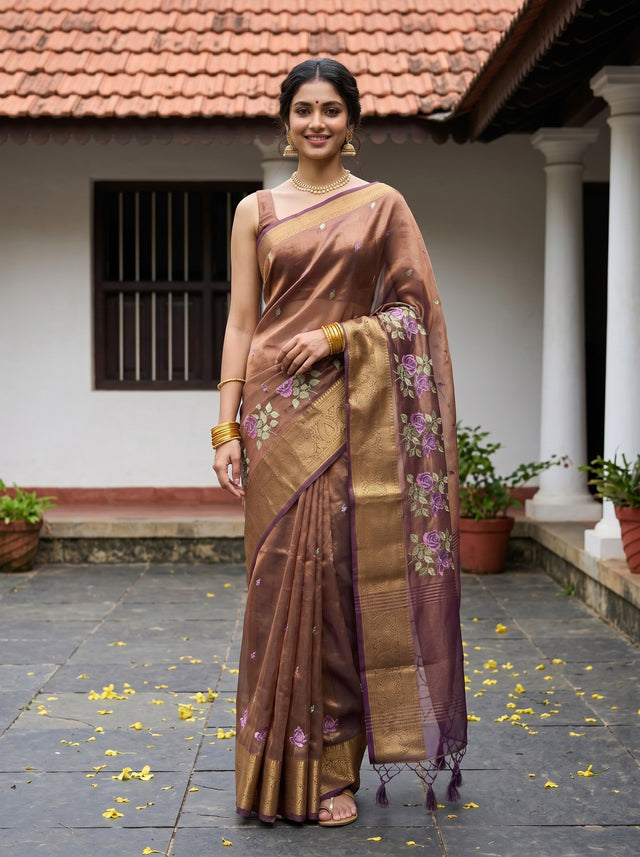 MIMOSA Chocolate Banarasi Organza Saree — AI Model lifestyle pose 1