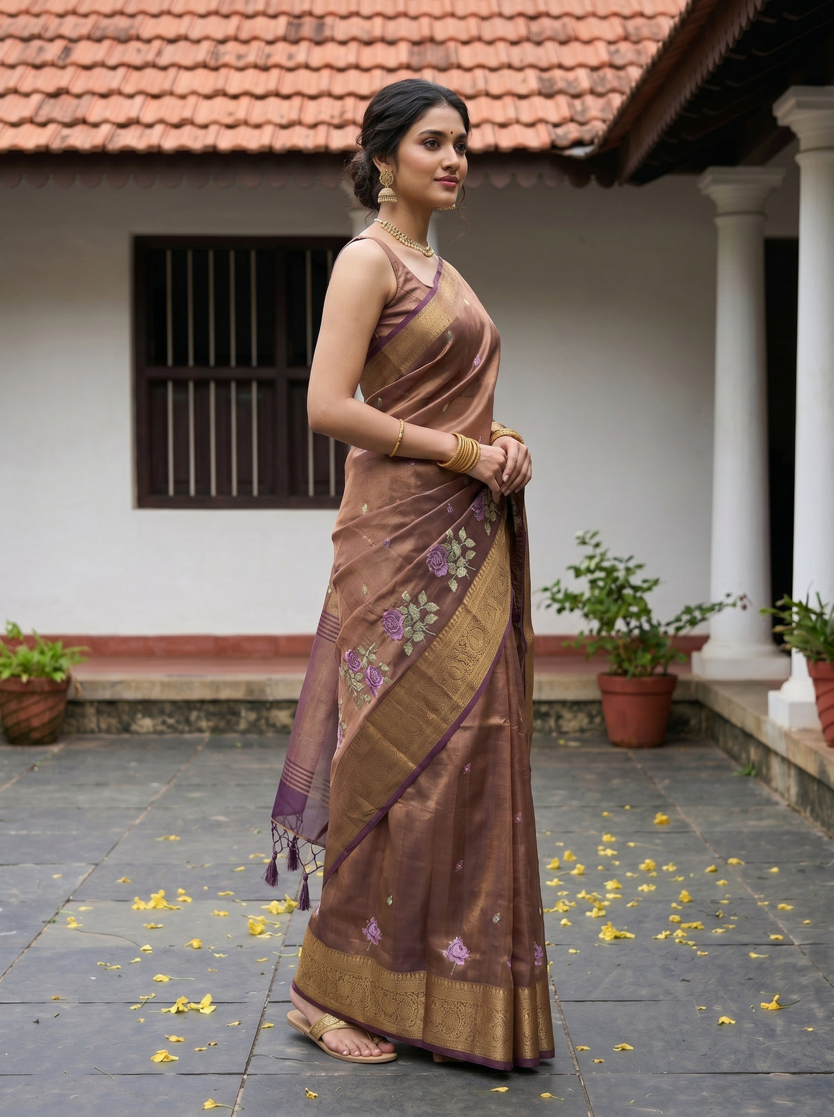 MIMOSA Chocolate Banarasi Organza Saree — pose 3 styling detail