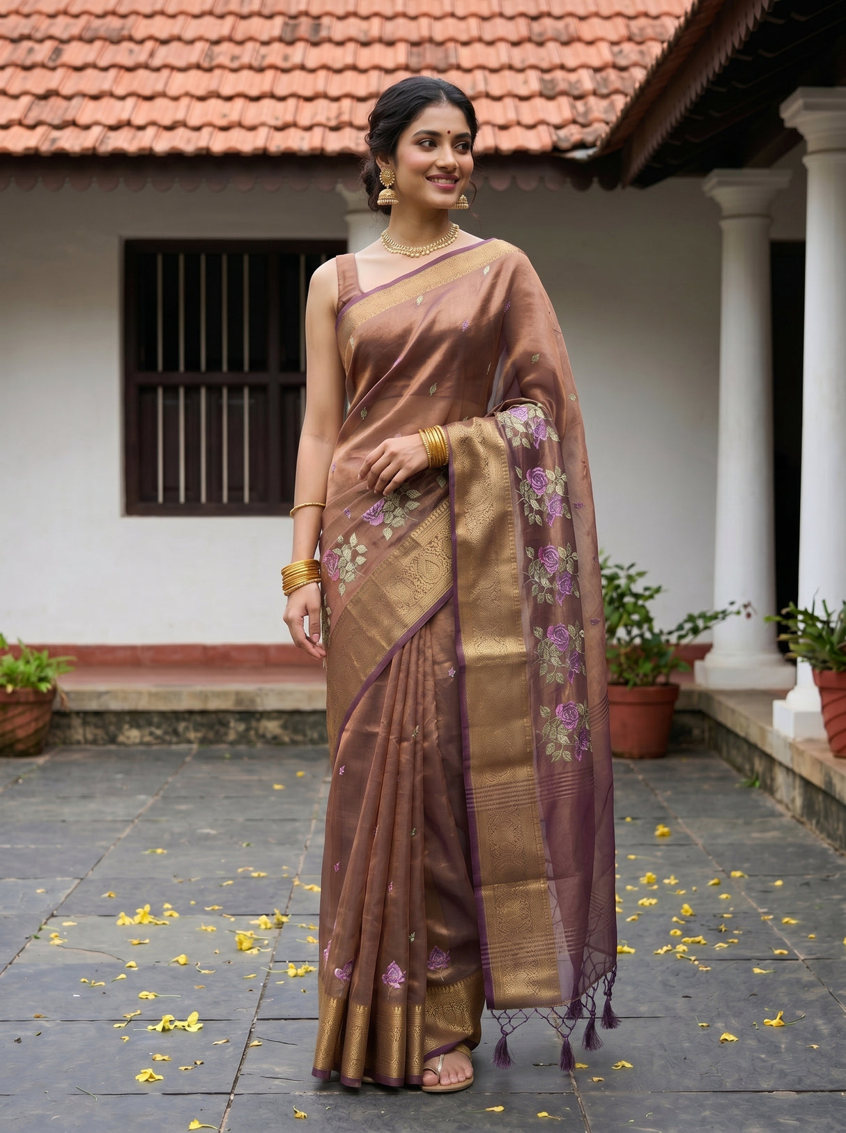 MIMOSA Chocolate Banarasi Organza Saree — pose 5 styling detail