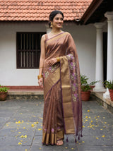 MIMOSA Chocolate Banarasi Organza Saree — pose 5 styling detail