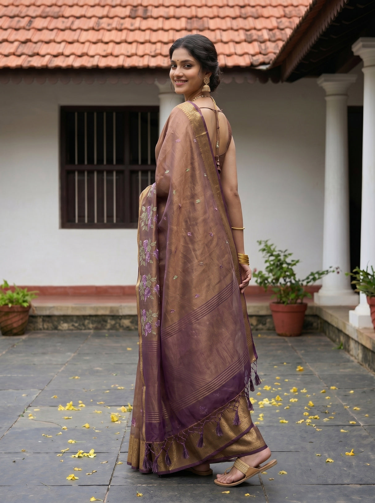 MIMOSA Chocolate Banarasi Organza Saree — pose 7 styling detail