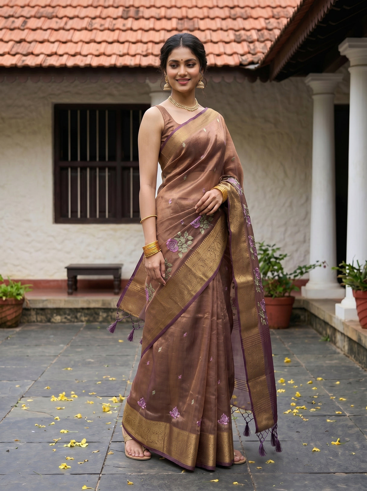 MIMOSA Chocolate Banarasi Organza Saree — pose 9 styling detail
