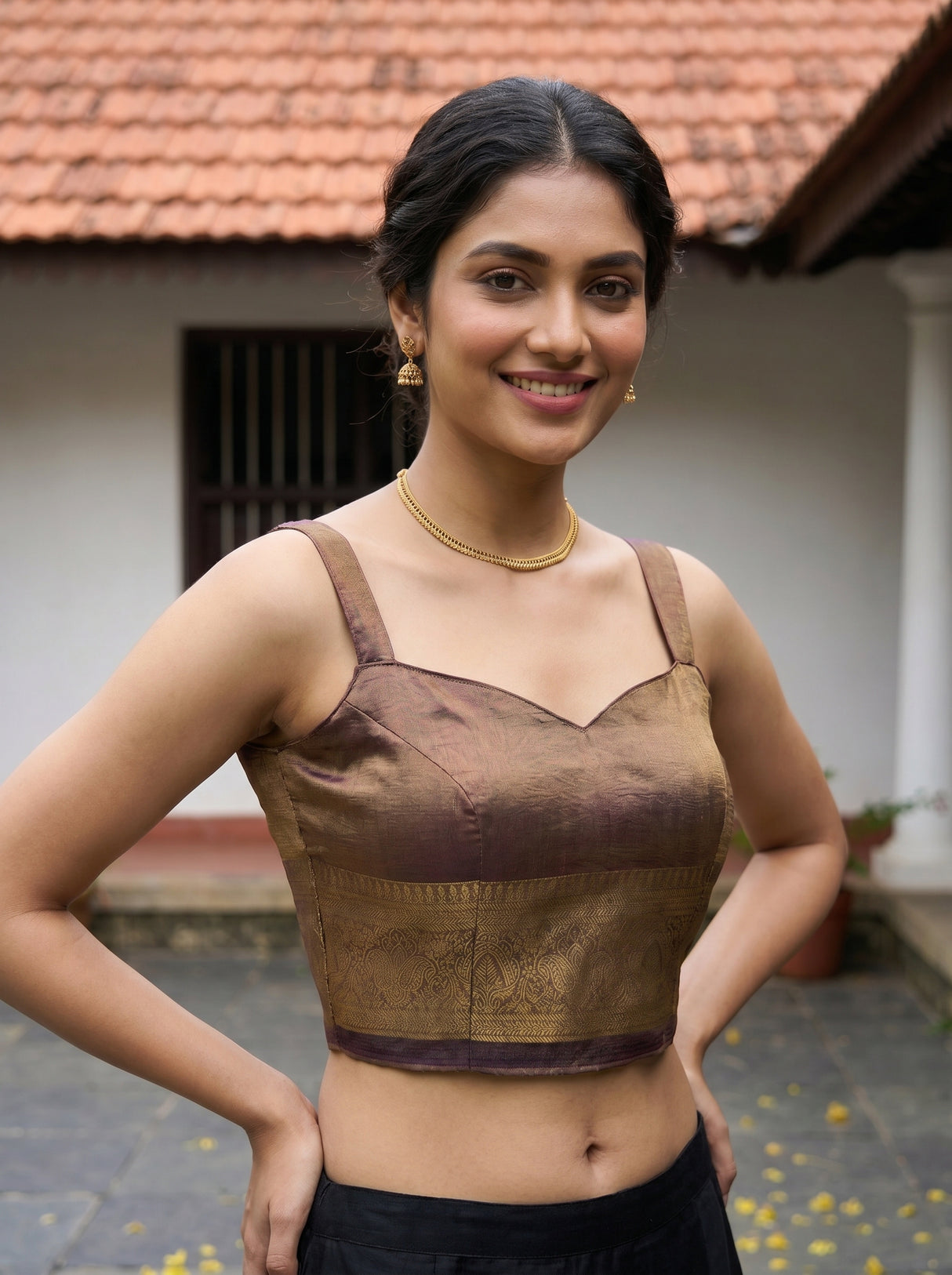 MIMOSA Chocolate Banarasi Organza Saree — blouse close-up