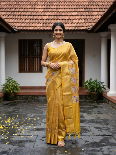 MIMOSA Gold Banarasi Organza Saree — AI Model lifestyle pose 1