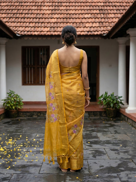 MIMOSA Gold Banarasi Organza Saree — pose 2 styling detail