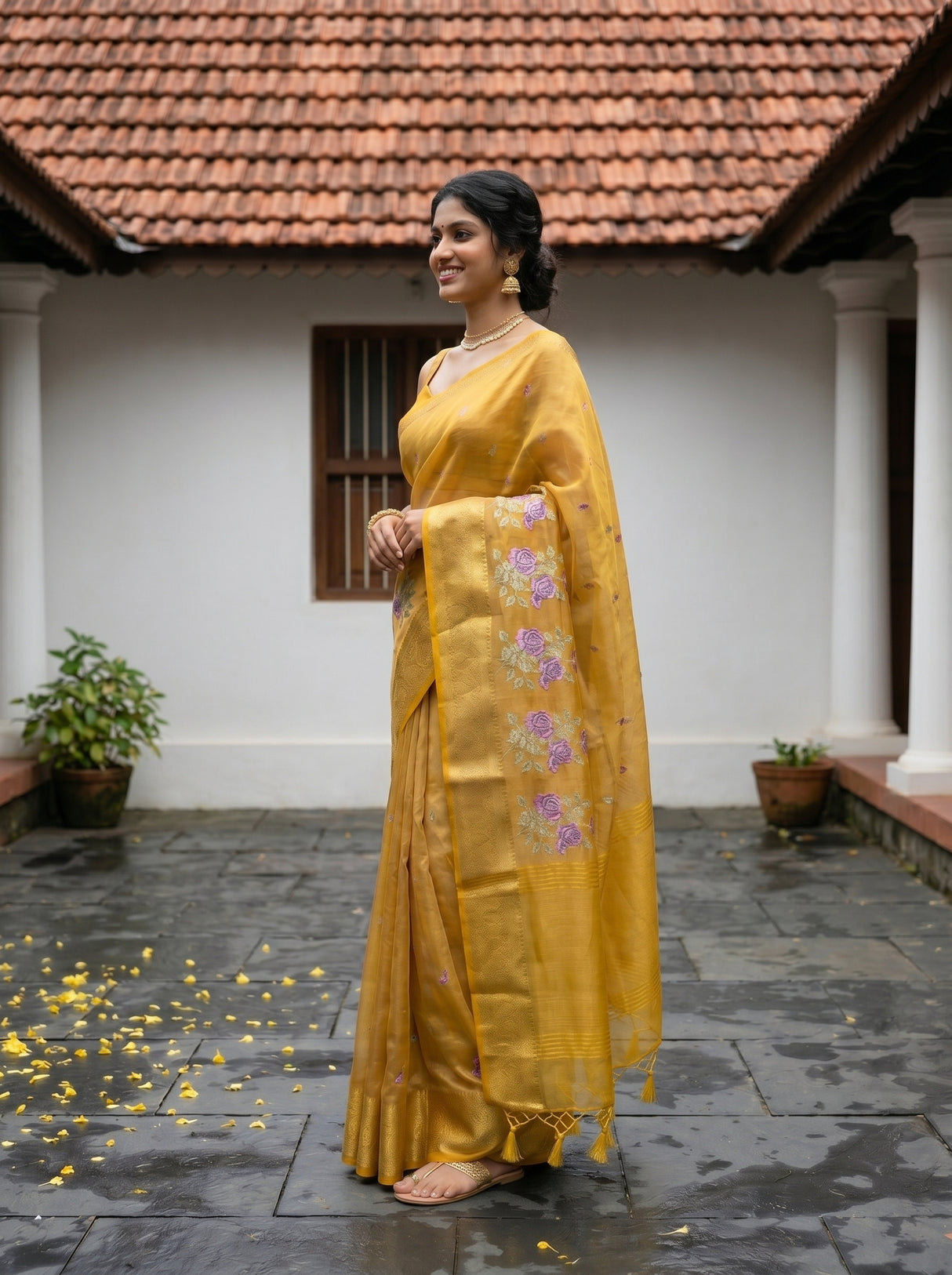 MIMOSA Gold Banarasi Organza Saree — pose 3 styling detail
