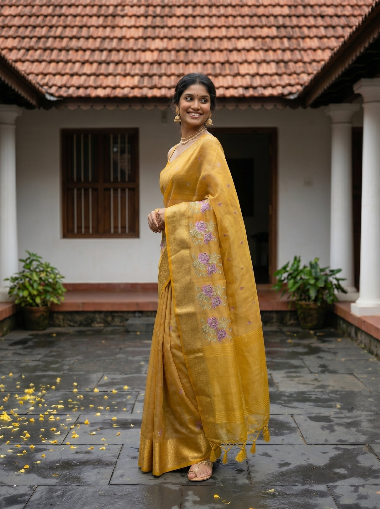MIMOSA Gold Banarasi Organza Saree — pose 5 styling detail