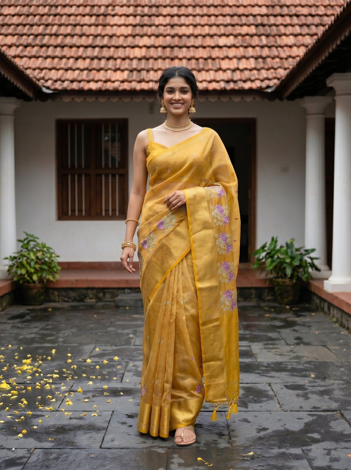 MIMOSA Gold Banarasi Organza Saree — pose 6 styling detail