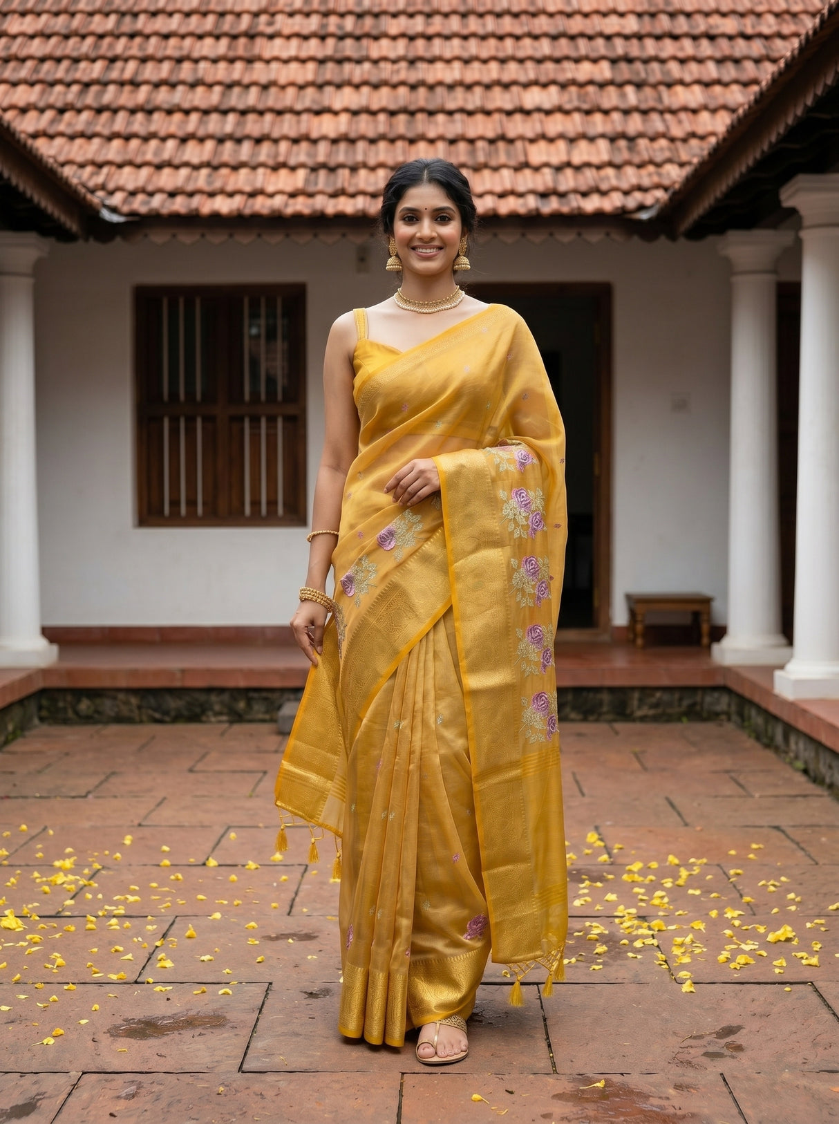 MIMOSA Gold Banarasi Organza Saree — pose 9 styling detail