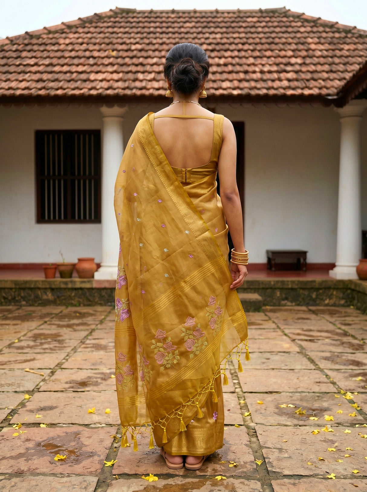 MIMOSA Mustard Banarasi Organza Saree — pose 2 styling detail