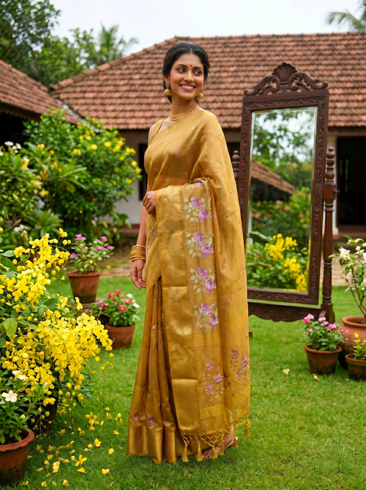 MIMOSA Mustard Banarasi Organza Saree — pose 5 styling detail