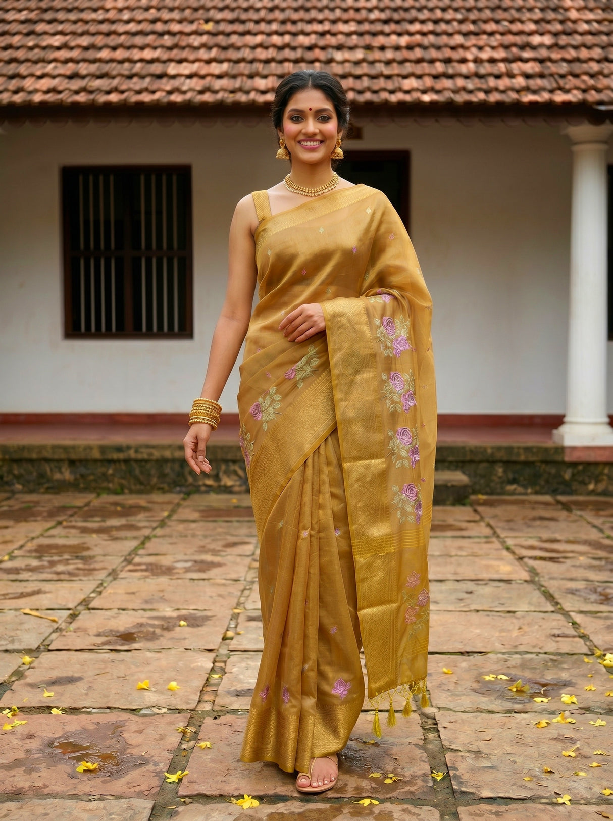 MIMOSA Mustard Banarasi Organza Saree — pose 6 styling detail