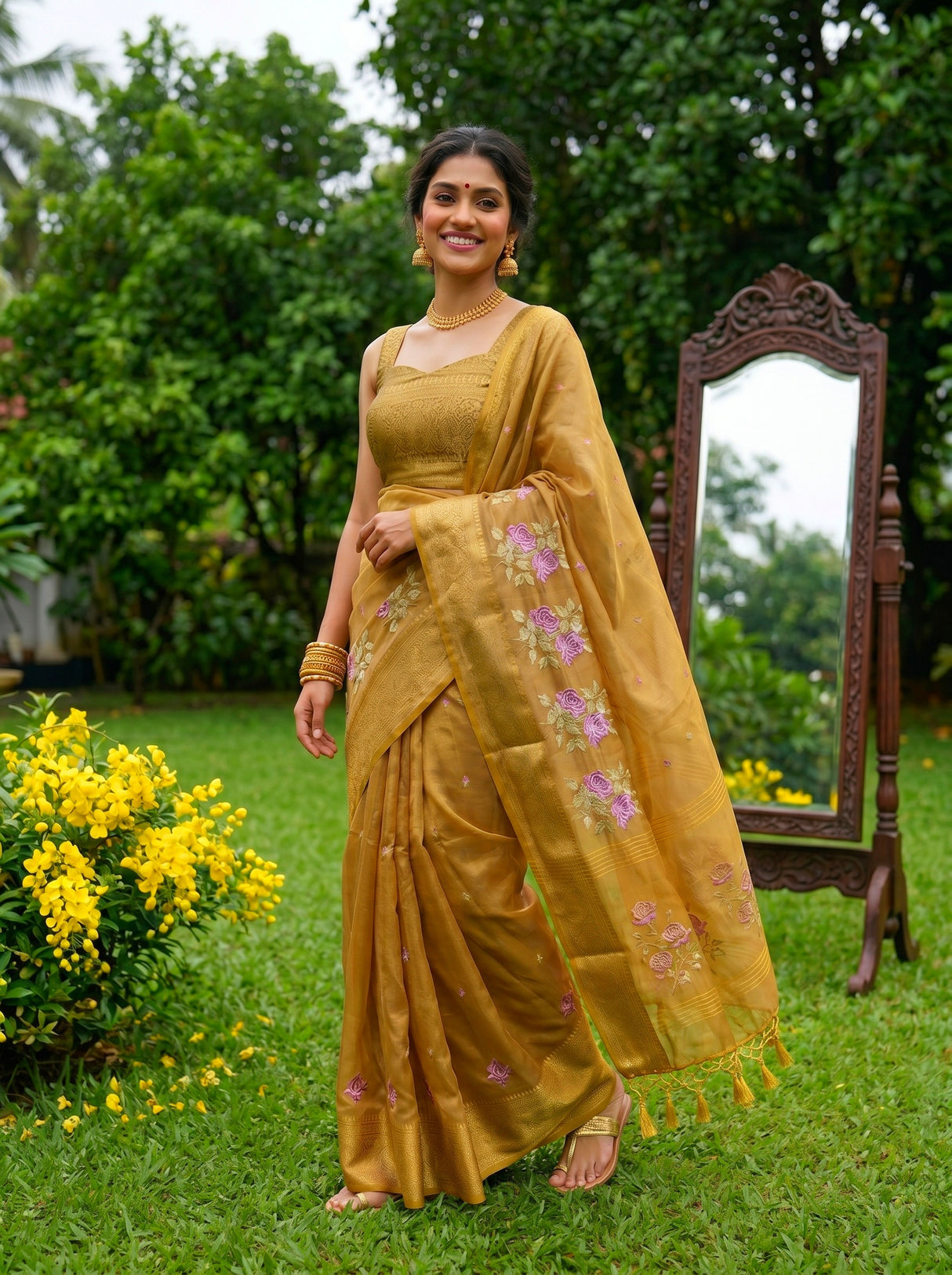 MIMOSA Mustard Banarasi Organza Saree — pose 9 styling detail