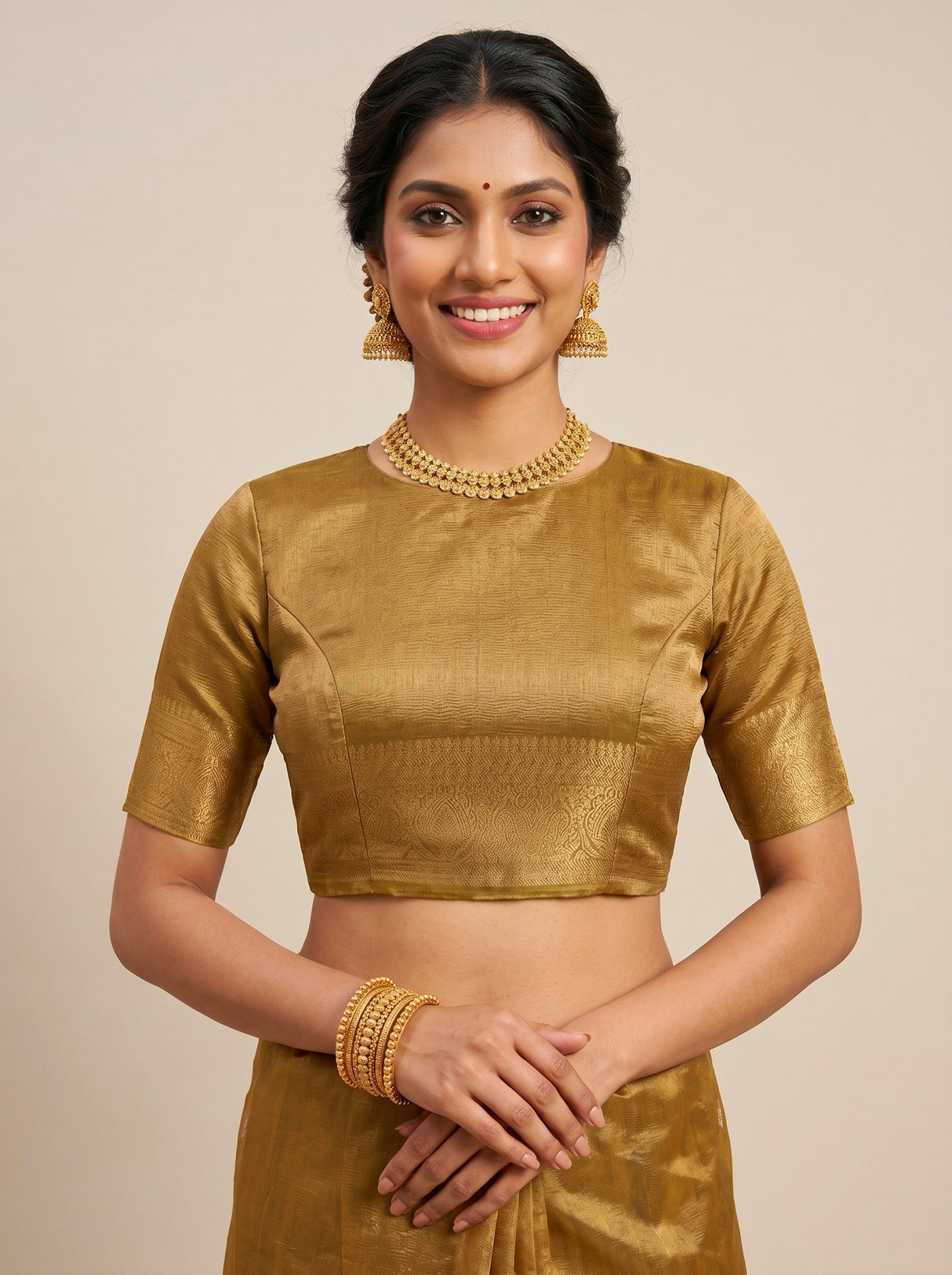 MIMOSA Mustard Banarasi Organza Saree — blouse close-up
