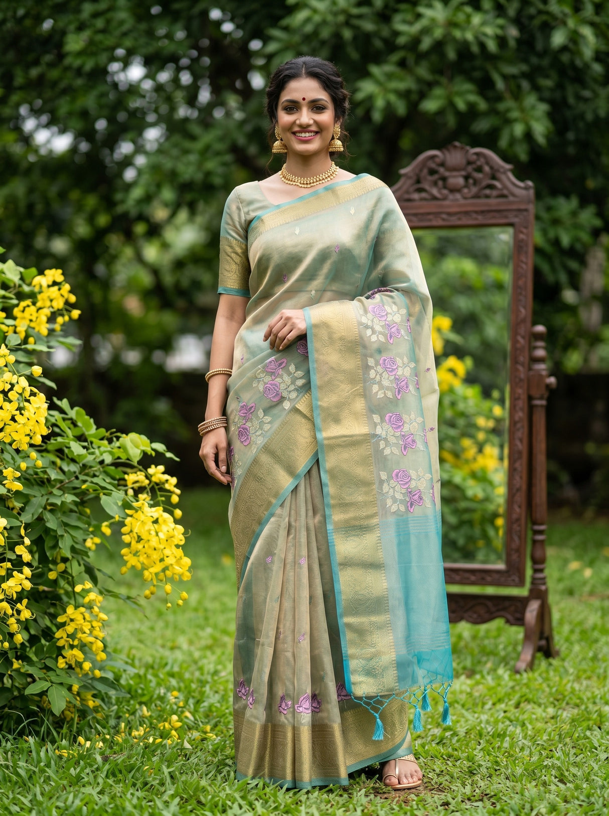 MIMOSA Sapphire Banarasi Organza Saree — AI Model lifestyle pose 1
