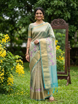 MIMOSA Sapphire Banarasi Organza Saree — AI Model lifestyle pose 1