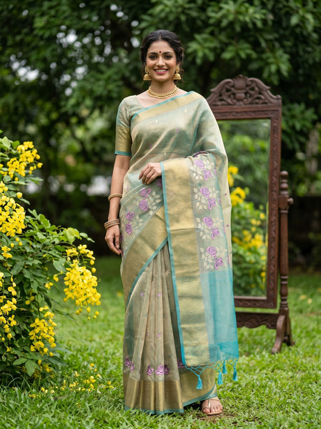MIMOSA Sapphire Banarasi Organza Saree — AI Model lifestyle pose 1