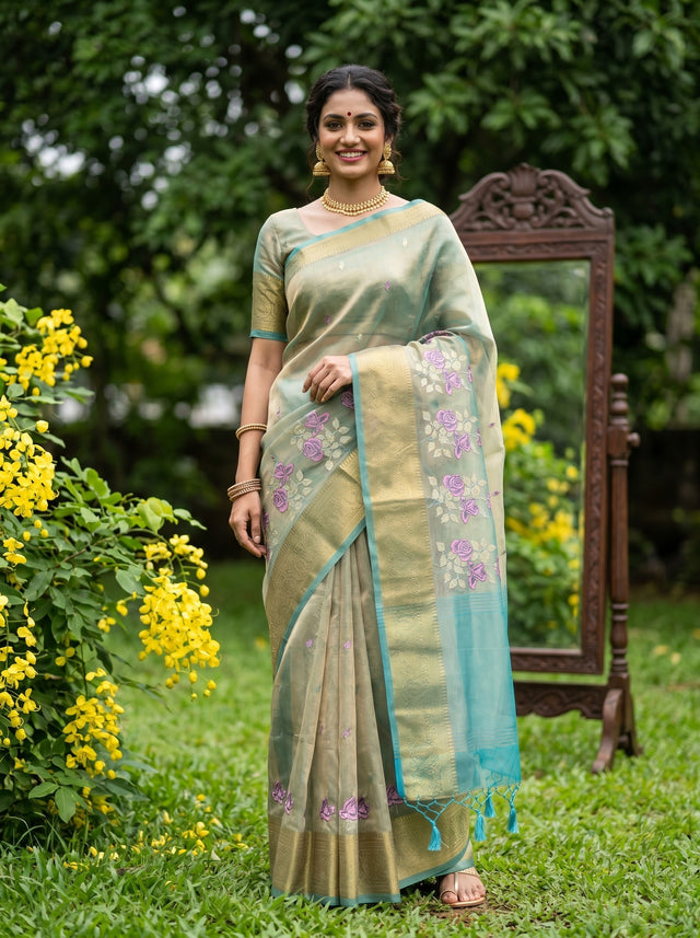 MIMOSA Sapphire Banarasi Organza Saree — AI Model lifestyle pose 1