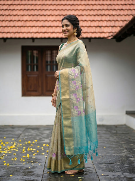 MIMOSA Sapphire Banarasi Organza Saree — pose 3 styling detail