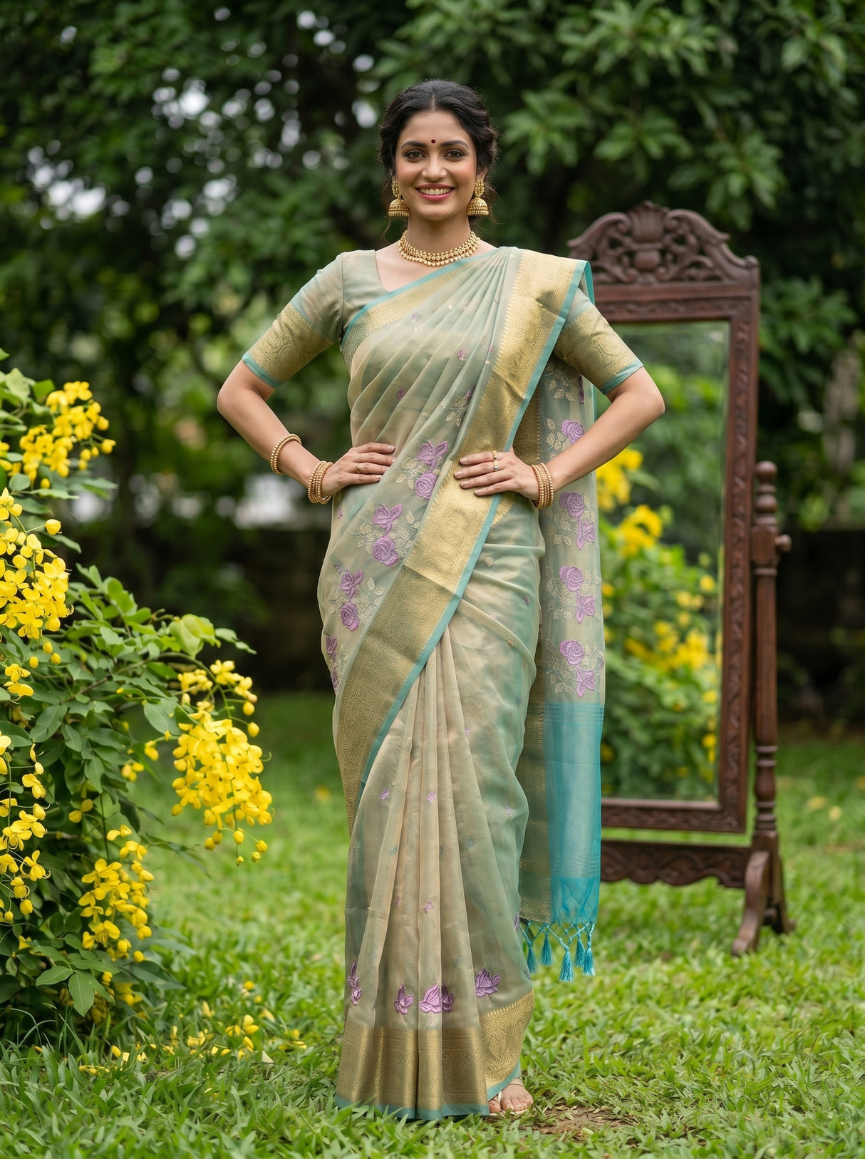 MIMOSA Sapphire Banarasi Organza Saree — pose 4 styling detail