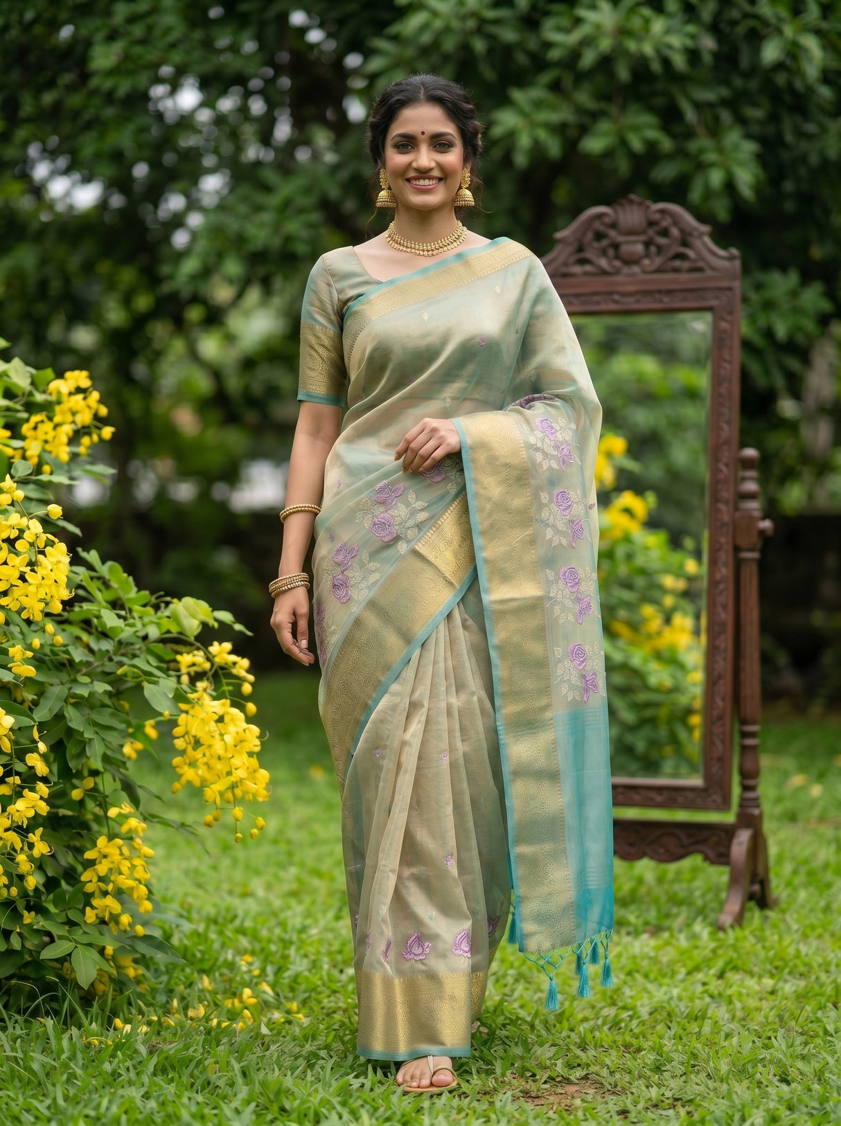 MIMOSA Sapphire Banarasi Organza Saree — pose 6 styling detail
