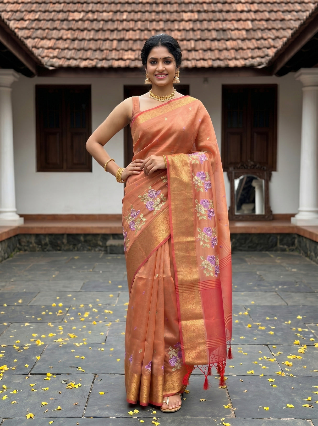 MIMOSA Strawberry Banarasi Organza Saree — pose 4 styling detail