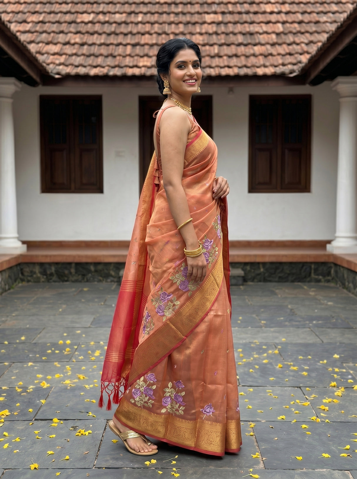MIMOSA Strawberry Banarasi Organza Saree — pose 5 styling detail