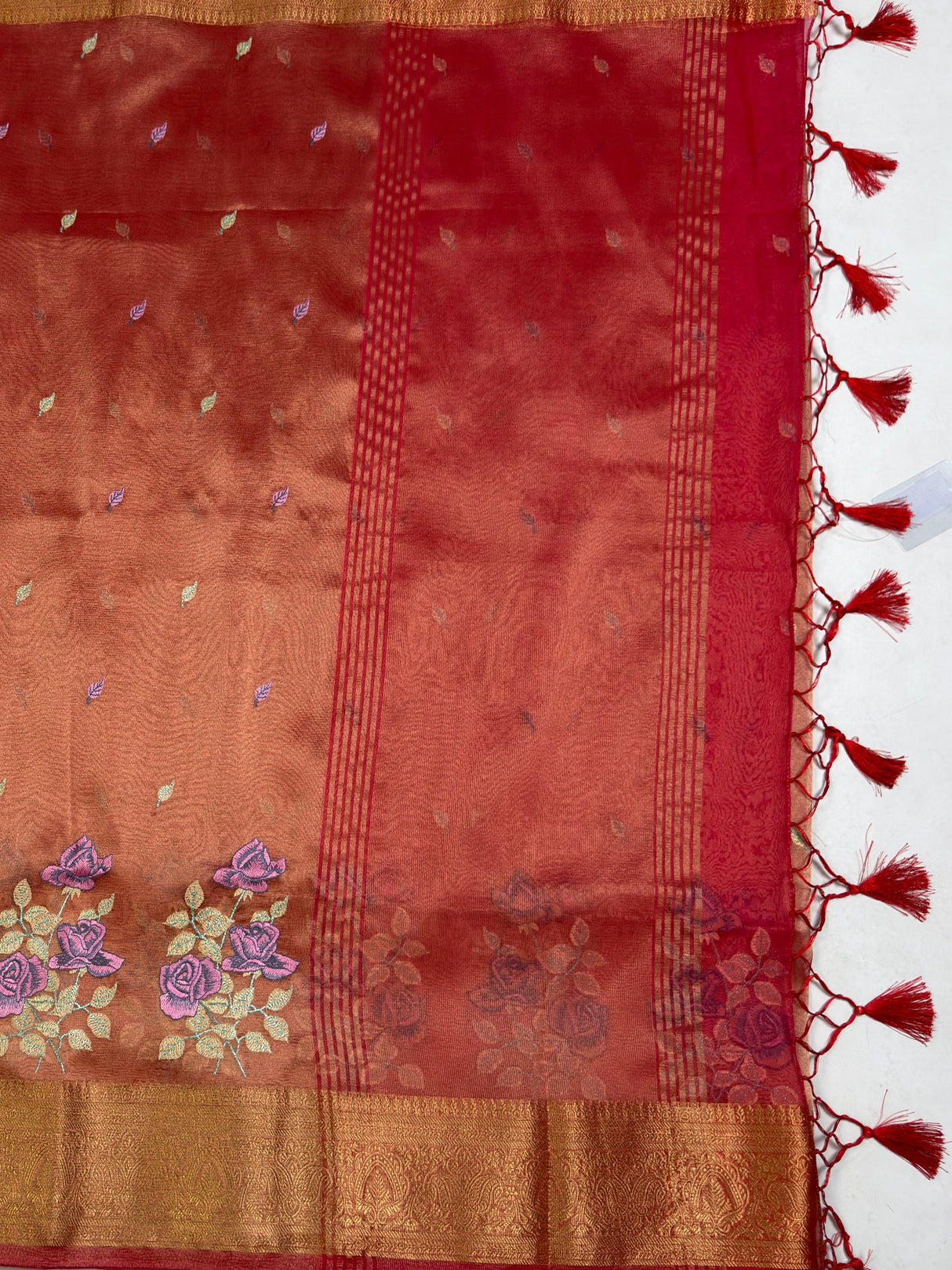 MIMOSA Strawberry Banarasi Organza Saree — pallu and zari work detail