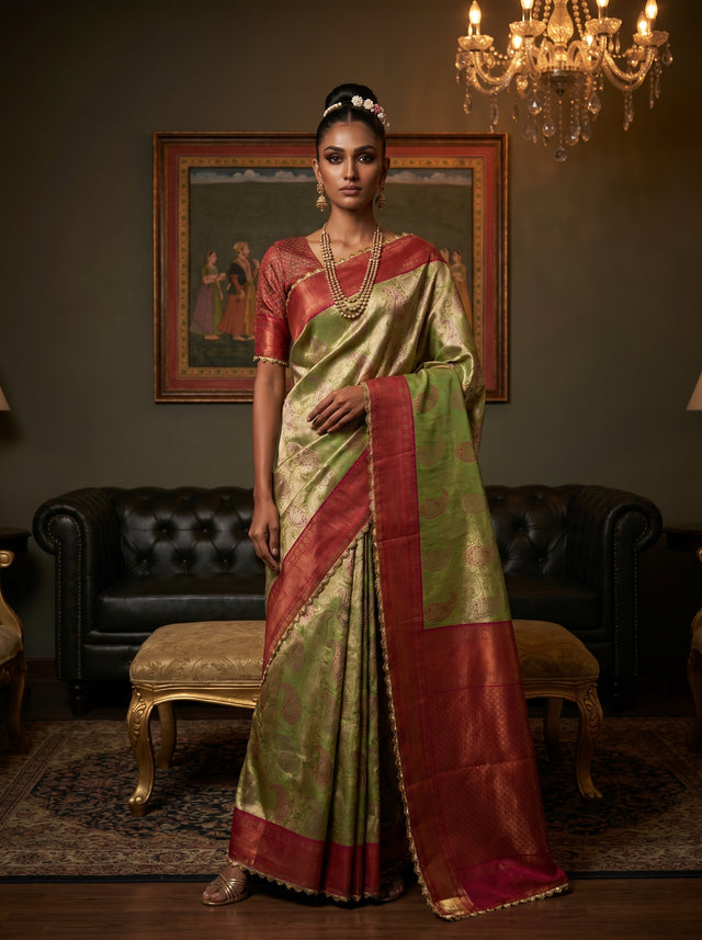 MIMOSA Olive Kanjivaram Art Silk Saree — Mannequin Draped View