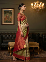 MIMOSA Olive Kanjivaram Saree with Maroon Border — Full View on Model