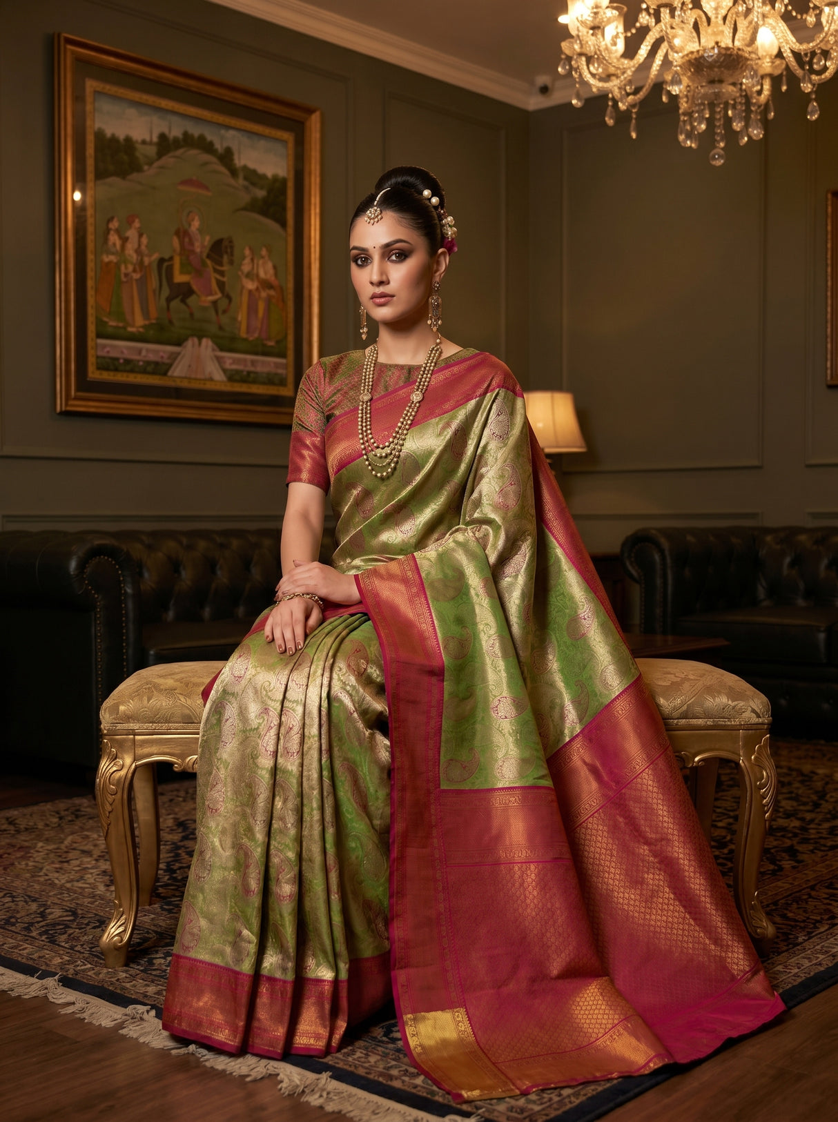 MIMOSA Olive Kanjivaram Art Silk Saree — pose 8 styling detail