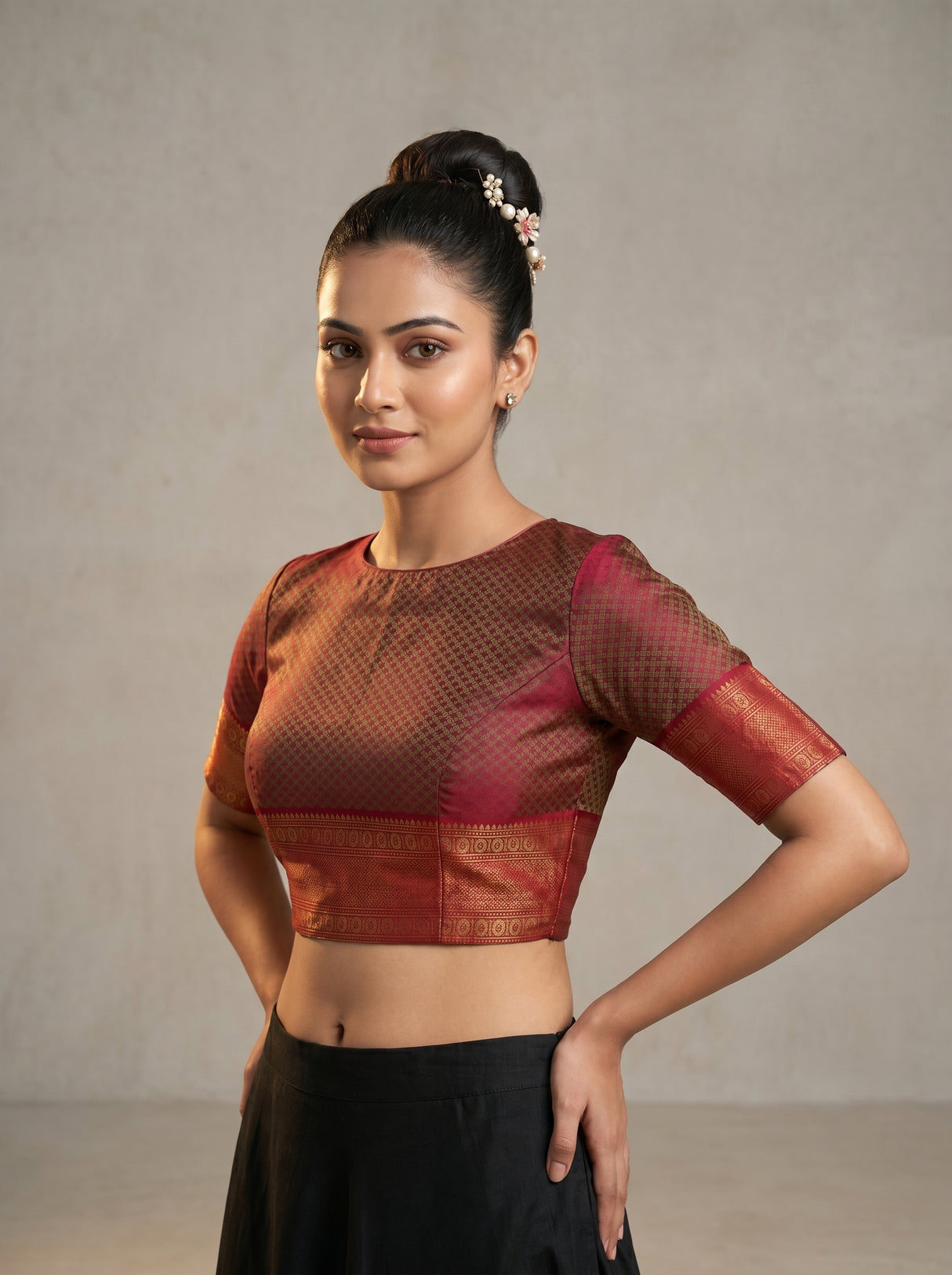 MIMOSA Olive Kanjivaram Art Silk Saree — blouse close-up
