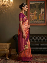 MIMOSA Peach Kanjivaram Saree with Purple Border — Full View on Model