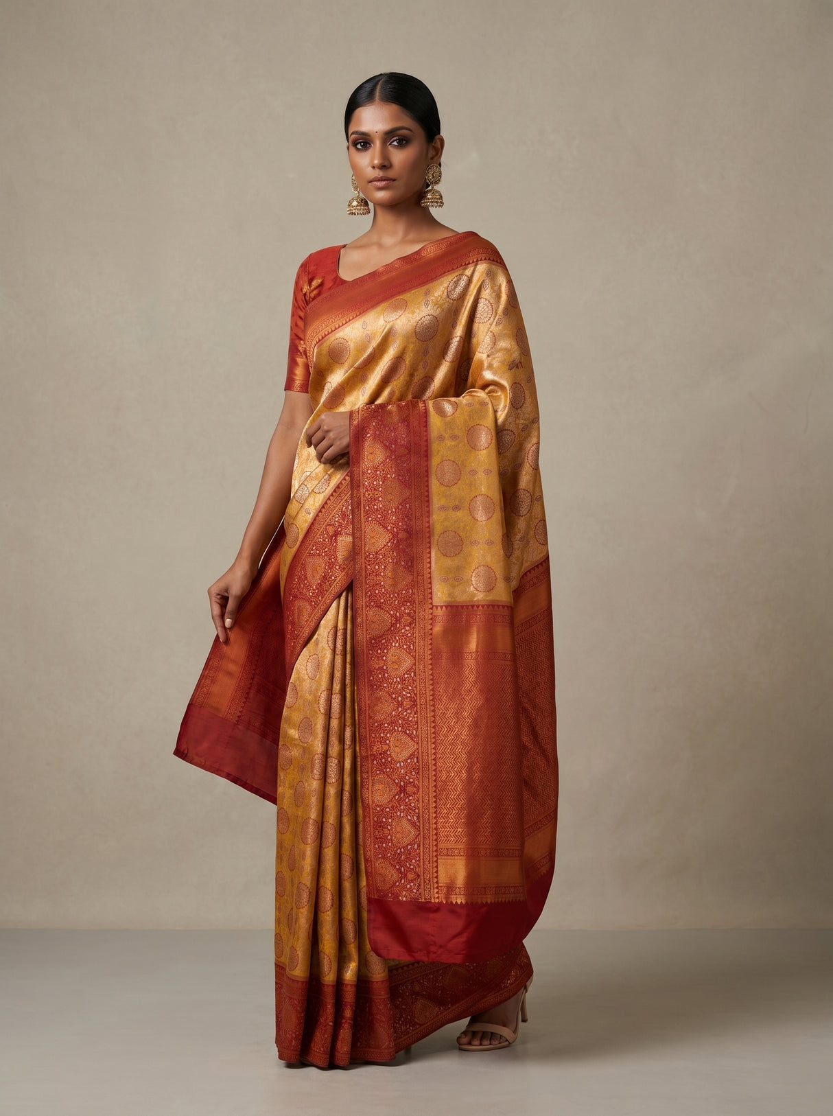 MIMOSA Gold Kanjivaram Art Silk Saree — Full View on Model