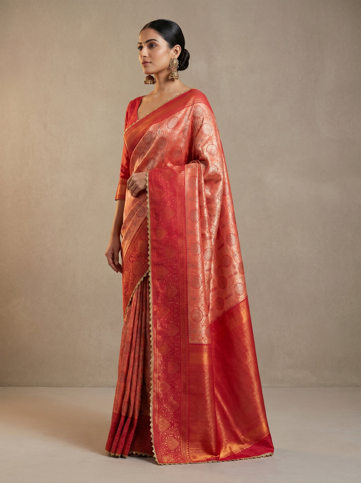 MIMOSA Peach Kanjivaram Art Silk Saree — Full View on Model