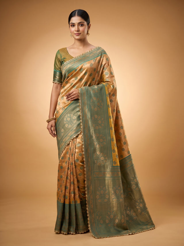 MIMOSA Gold Kanjivaram Art Silk Saree — full view on model