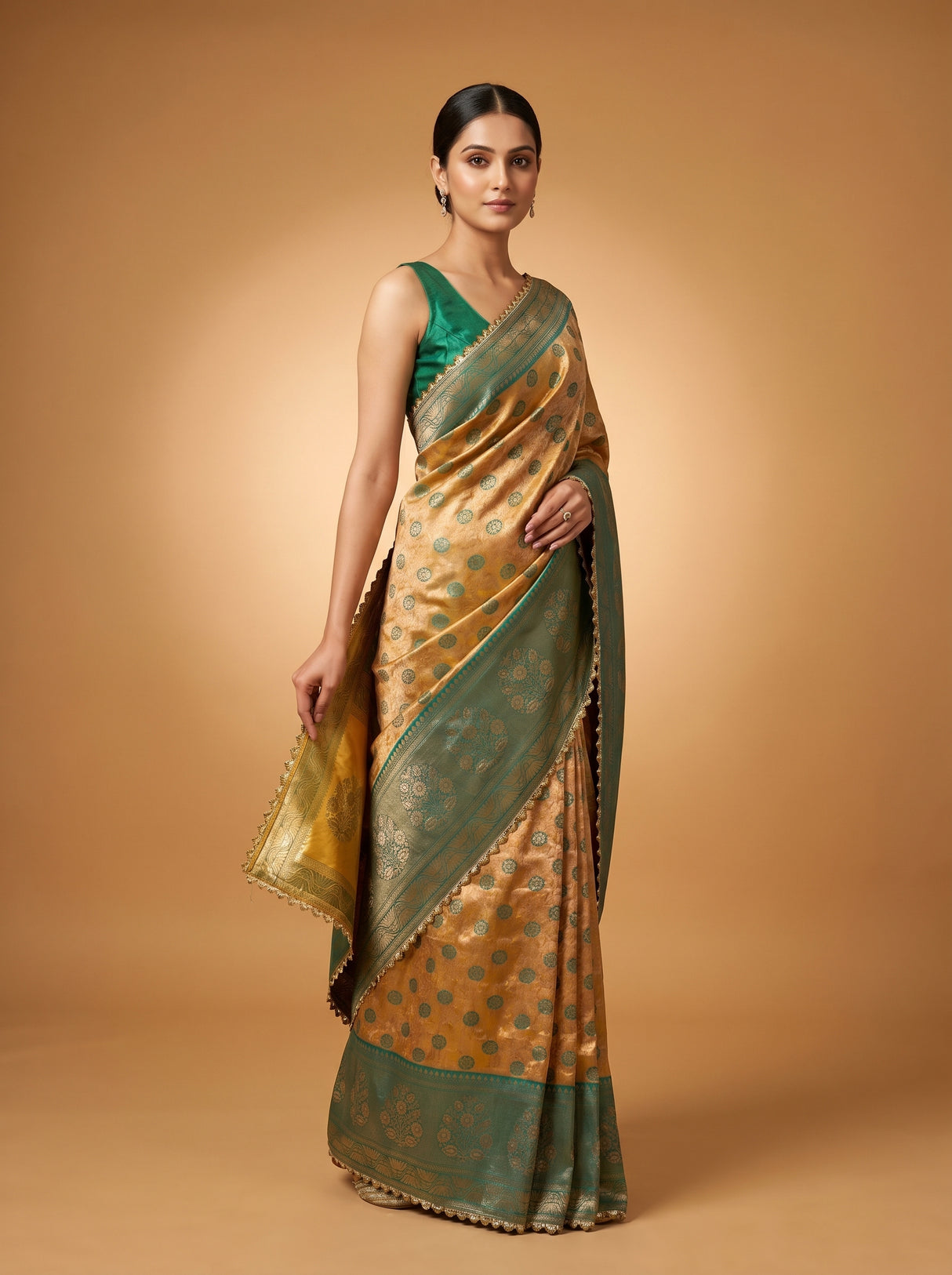 MIMOSA Gold Kanjivaram Art Silk Saree — close-up of face and shoulder