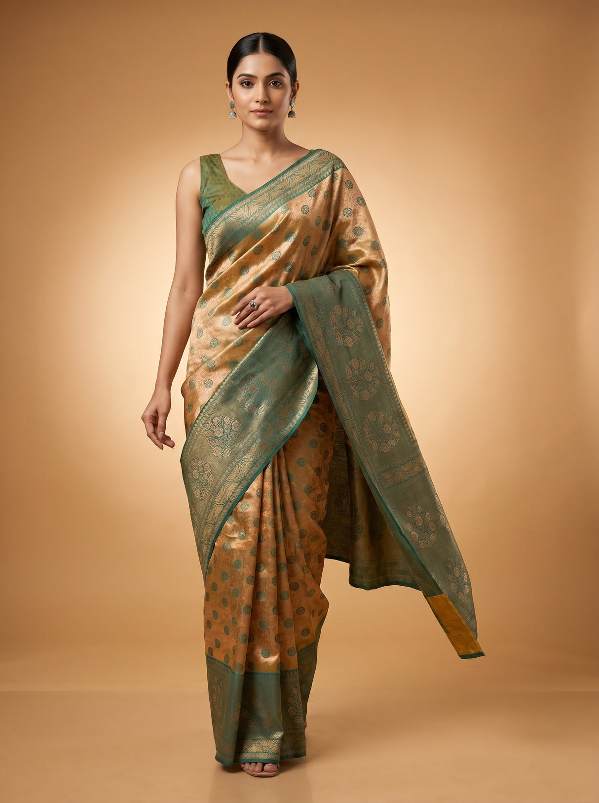 MIMOSA Gold Kanjivaram Art Silk Saree — portrait view showing blouse and pallu