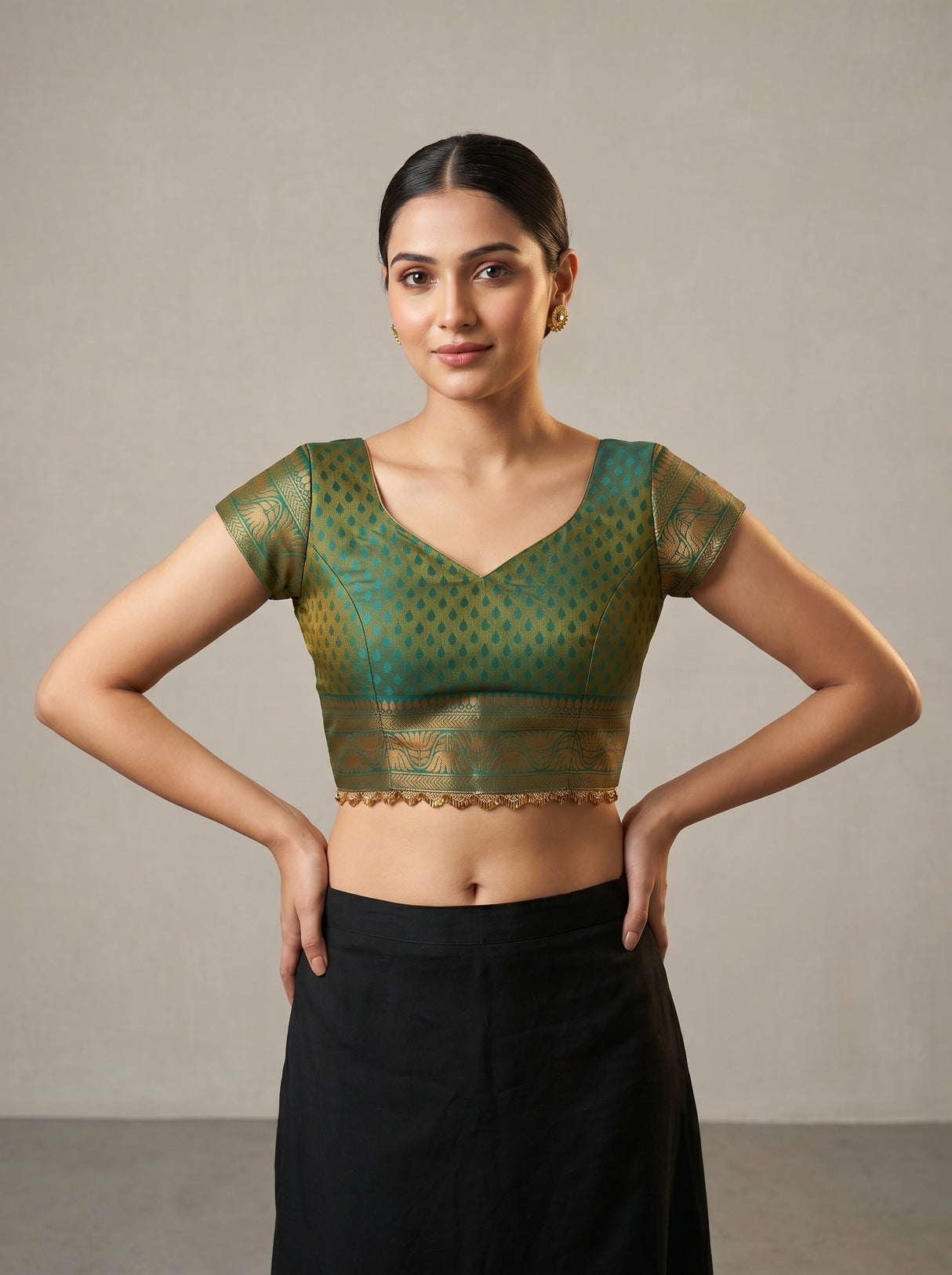 MIMOSA Gold Kanjivaram Art Silk Saree — close-up of pallu drape over arm