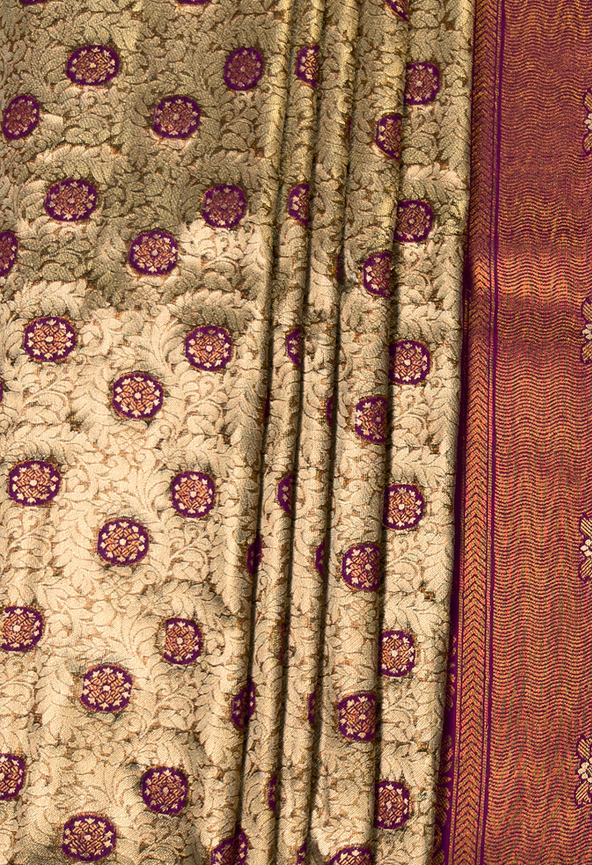 MIMOSA Magenta Kanjivaram Art Silk Saree — view of bottom border and pleats