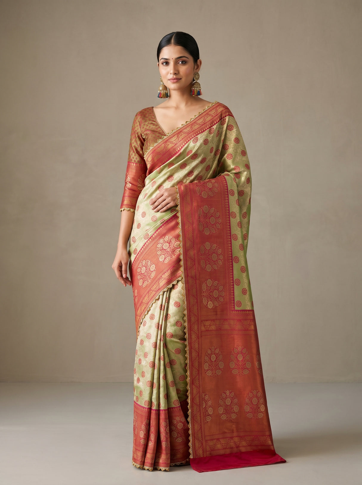MIMOSA Olive Kanjivaram Art Silk Saree — full view on model