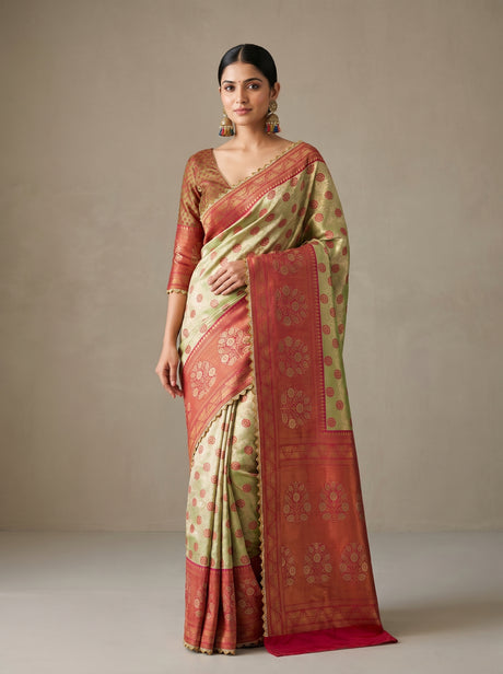 MIMOSA Olive Kanjivaram Art Silk Saree — full view on model