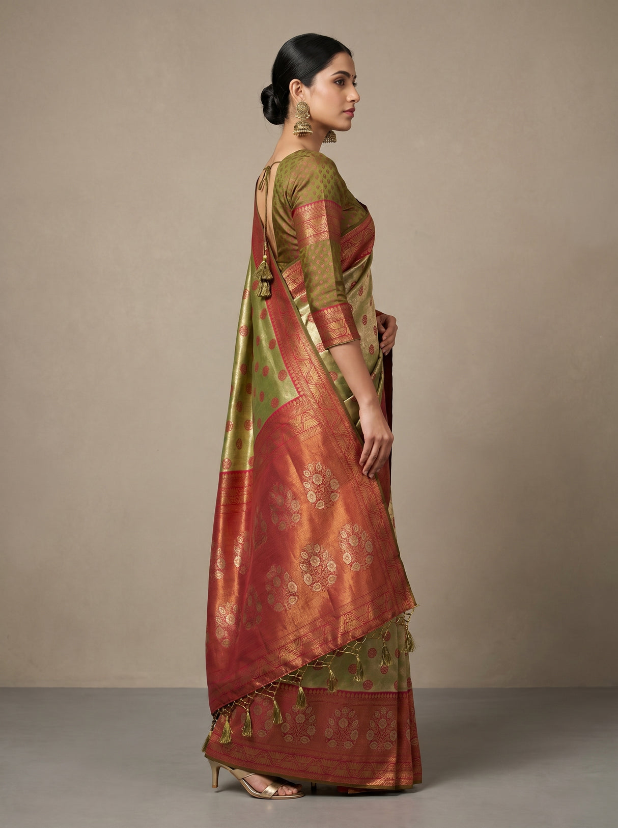 MIMOSA Olive Kanjivaram Art Silk Saree — portrait view showing blouse and pallu