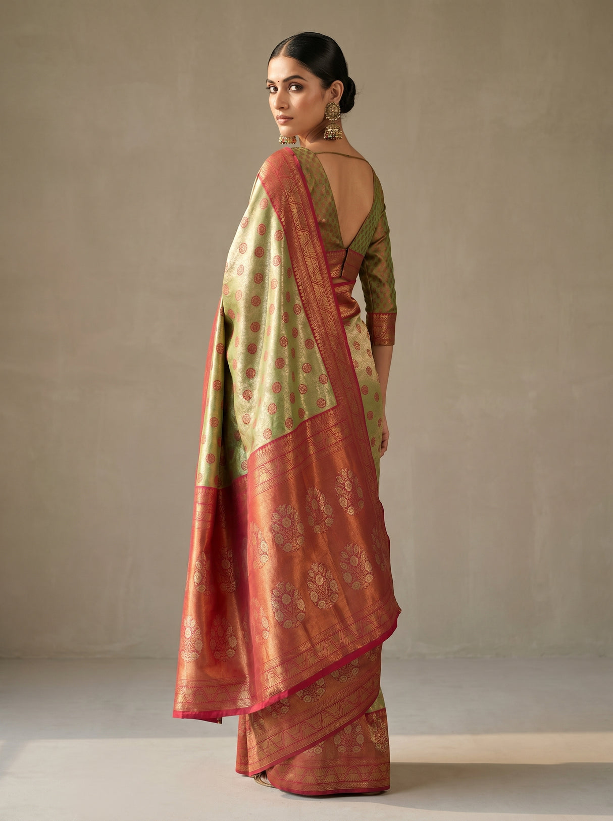 MIMOSA Olive Kanjivaram Art Silk Saree — side view showing border and pleats