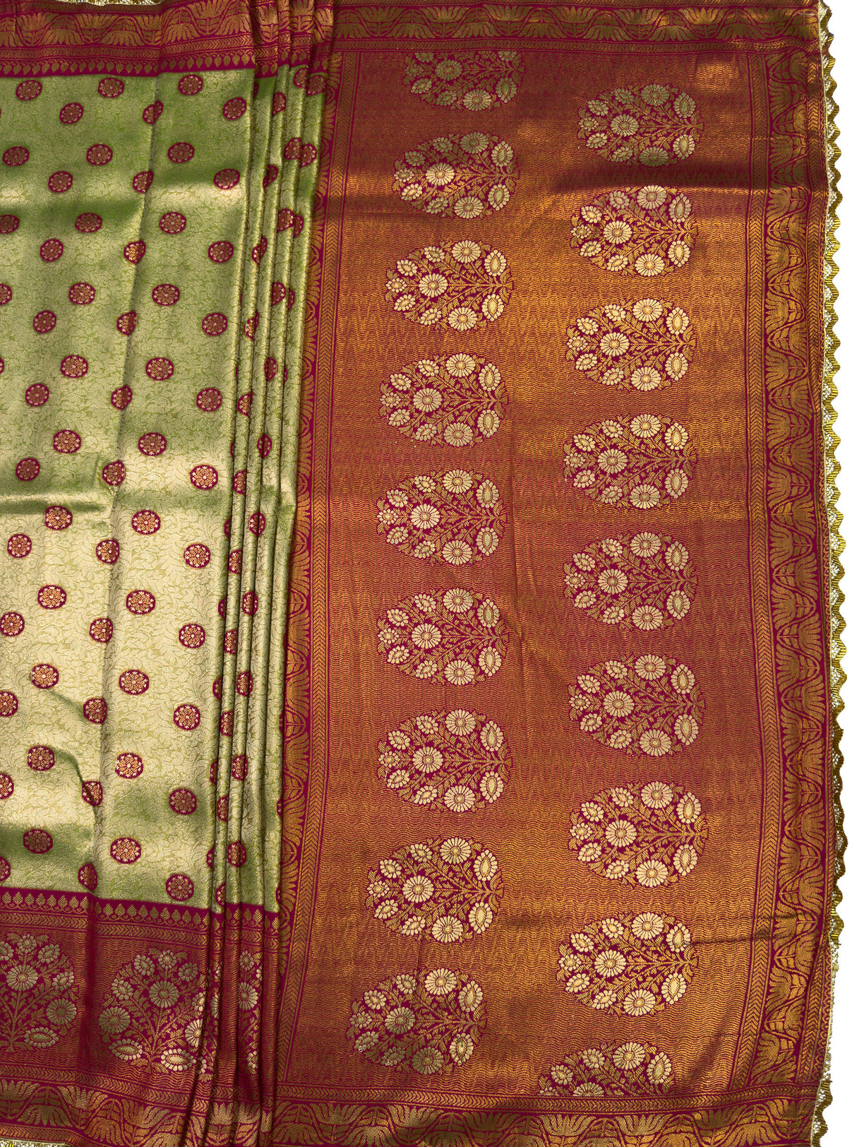 MIMOSA Olive Kanjivaram Art Silk Saree — view of bottom border and pleats