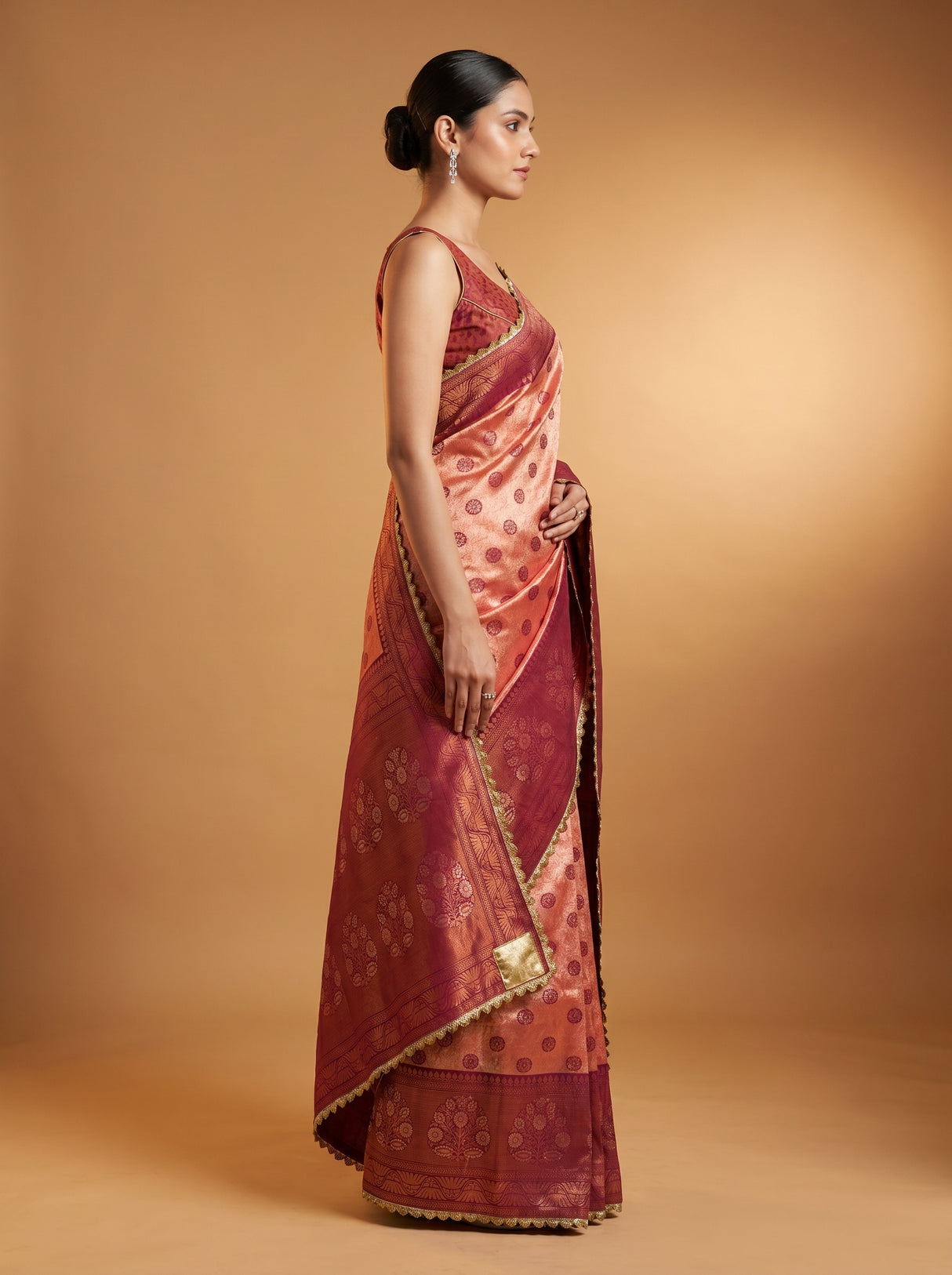 MIMOSA Peach Kanjivaram Art Silk Saree — portrait view showing blouse and pallu