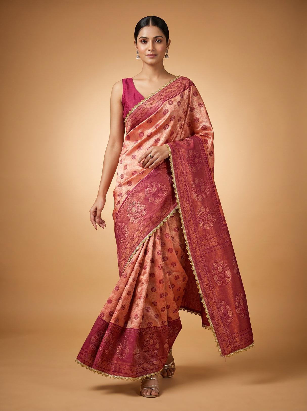 MIMOSA Peach Kanjivaram Art Silk Saree — close-up of pallu drape over arm